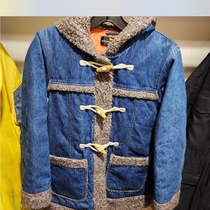 Hiroko Koshino denim Toggle Coat with Faux Fur Trim